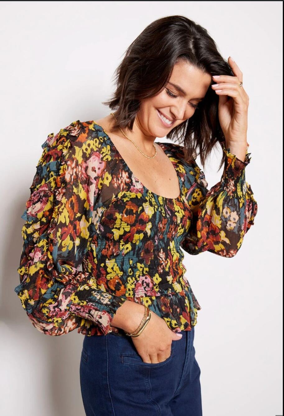 CLEOBELLA NWT Esme Abstract Floral Smocked Blouse Top // XL